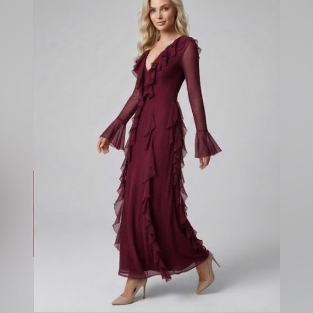 Ruffle Chiffon Maxi Dress Burgundy